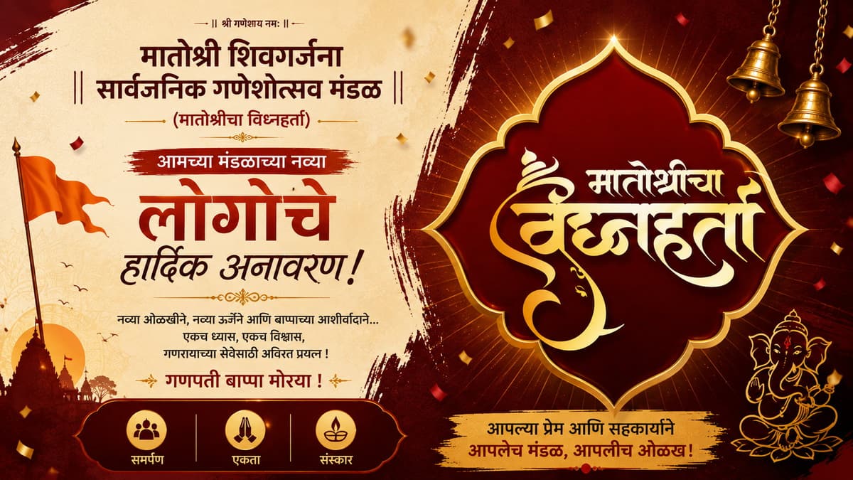 घोषणा पोस्टर: मंडळाचा नवा लोगो — गडद लाल कमानीत सुवर्ण अक्षरांतील ॥ मातोश्रीचा विघ्नहर्ता ॥.